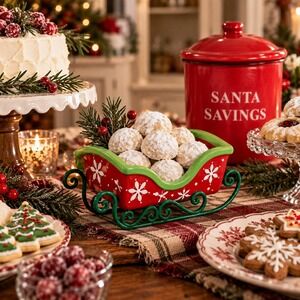 Christmas Sleigh Serving Dish Red Green Ceramic Holiday Candy Cookie Bowl